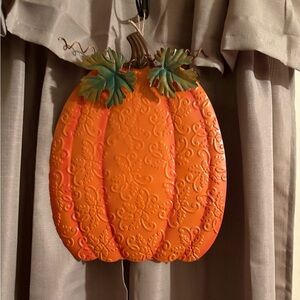 Decorative Embossed Orange Pumpkin/Metal hanging or tabletop stand 16”x12”.